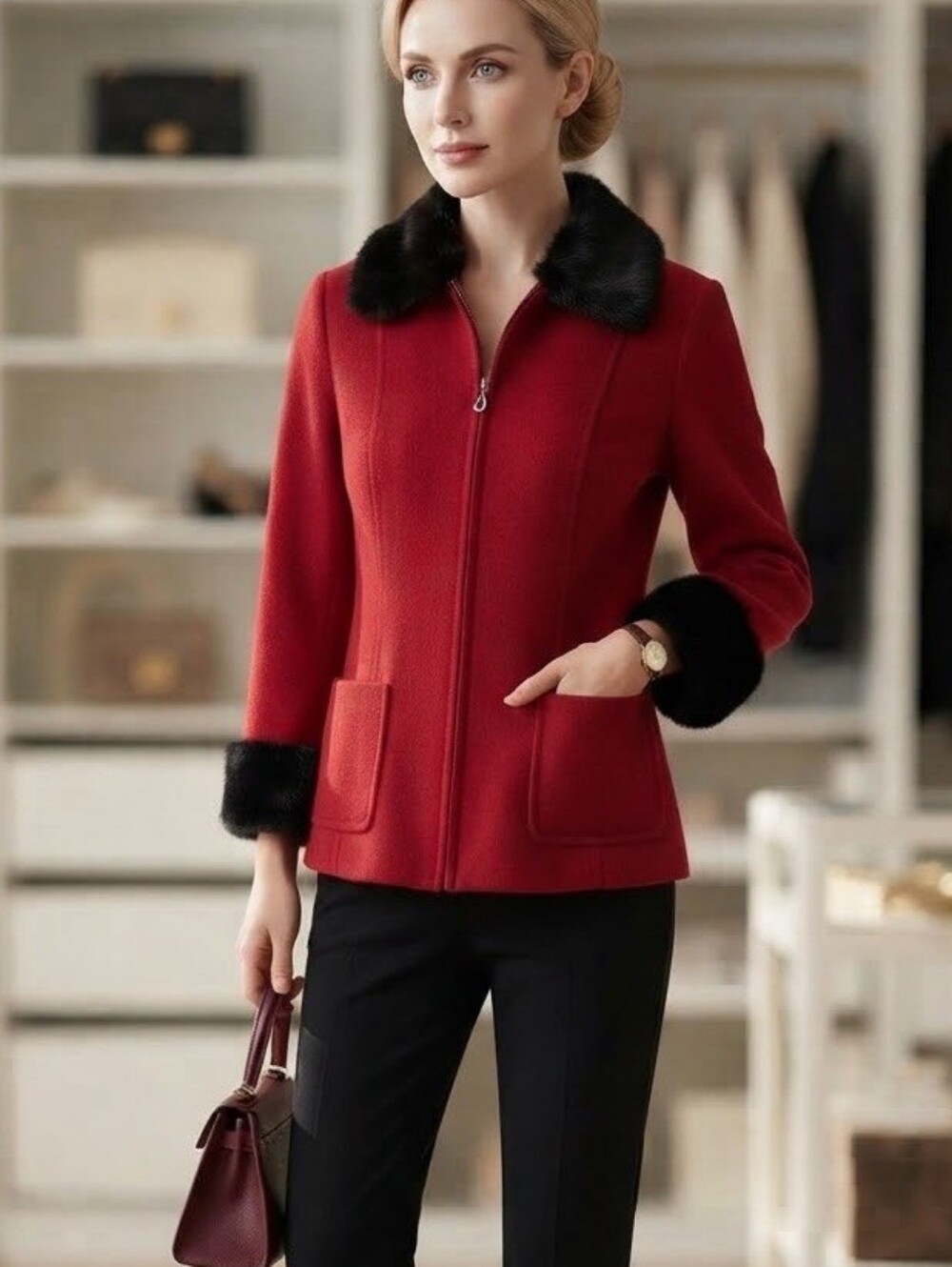 Alexandra Bartlett Red 100%:Wool Pea Coat with Black Fur Trim Size S petite.